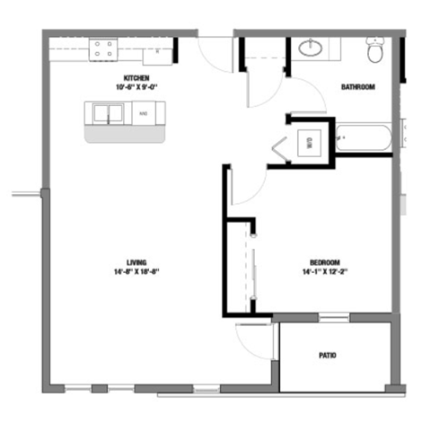 Floor plan for 1 bed, 1 bath, 824 sqft